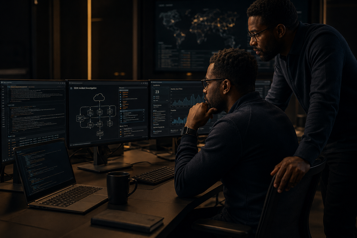 Black security professionals investigating a cloud security incident and reviewing telemetry